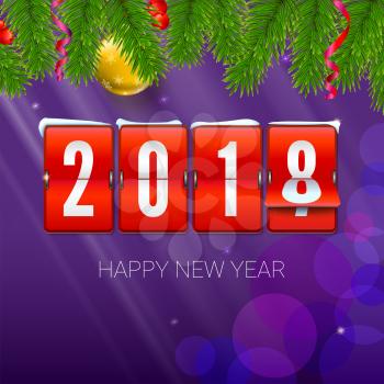 New Year is coming 2018. Background with Mechanical clock, serpentine and Christmas ball. Happy New Year 3D illustration with scoreboard, template for your greeting cards or print design.