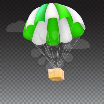 Icon of package flying on green parachute, isolated on transparent background. Air shipping, delivery service template, 3D illustration.