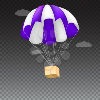 Icon of package flying on parachute, isolated on transparent background. Air shipping, delivery service template, 3D illustration.