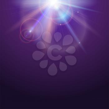 Poster template with glow light effect. Bright light of sun rays and lens flare backdrop with copy space. Star burst with sparkles. Abstract space background with beams on colored background.