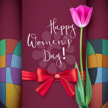 Template greeting card with Tulip and red bow. Happy women s day, congratulations for nice and lovely people. Realistic Tulip flower on a geometric background.