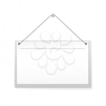 Blank hanging note, sign isolated on white background. Realistic empty canvas, banner for advertisement, ready for your design or creativity.