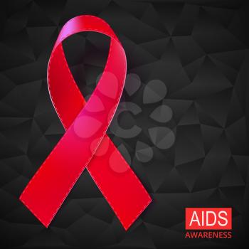 Realistic red ribbon vector illustration on black background made of triangles. Symbol of AIDS, HIV, heart disease, stroke awareness sign.