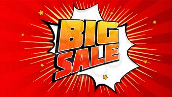 Big sale pop art splash background, explosion in comics book style. Advertising signboard, price reduction, sale with halftone dots, cloud beams light on red backdrop. Vector for ad, covers, posters.