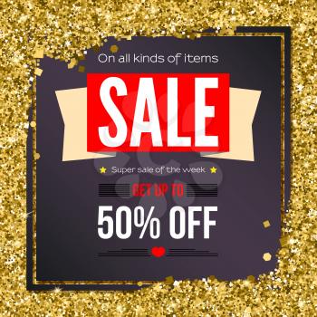 Sale vintage text banner. Ready to print and use in advertising of products and the best deals composition. Selling poster on a gold, glitter backdrop on dark frame with fifty percent discount.
