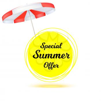 Special summer offer, ad summer banner with sun umbrella. Hot offers on backdrop of sun. Seasonal shopping concept. Promotion template for your online shopping, retail business, advertising banners