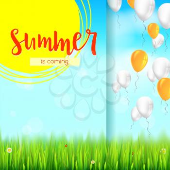 Stylish summer advertisement background. Blue summer sky backdrop with clouds, flying balloons, grass, daisies, ladybugs. Template mock-up for online shopping, advertising actions.