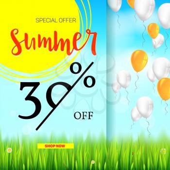 Summer selling ad banner, vintage text design. Holiday discounts, sale background with yellow sun, green field, white clouds and blue sky. Template for shopping, advertising, percentage of discounts.