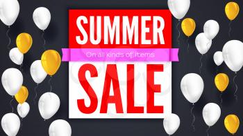 Sale text banner. Ready to print and use in advertising of products. Selling background with flying colorful inflatable balloons. Ad poster for shops with sale on all kinds of items. 3D illustration.