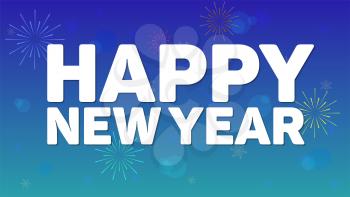 Happy New Year greeting horizontal poster on night sky backdrop. Fireworks, snowflakes and reflections of light on blue background. Paper design with small shadow. Greeting poster for your loved ones