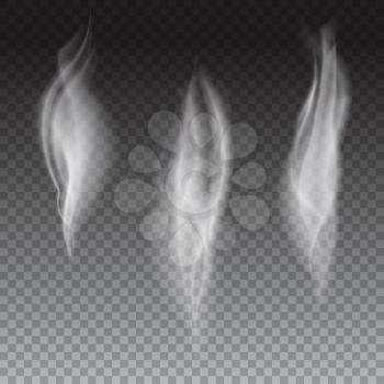 Set of delicate white cigarette smoke waves on transparent background, digital realistic smoke, vector 3D illustration. Wisps of smoke several options