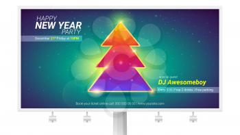 Happy new year. Holidays billboard with Christmas tree from pattern of colored triangles. Modern invitation on New year party with design of text .
