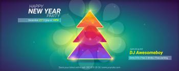 Happy new year. Holidays card with Christmas tree from pattern of colored triangles and lens flares effect. Modern invitation on New year party with design of text. Vector illustration, eps10.