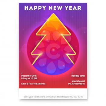 Happy new year. Holidays poster with Christmas tree from pattern of colored triangles. Modern invitation on New year event with design of text. Vector illustration, eps10.