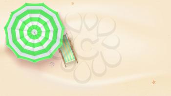 Sandy beach. Top view of summer beach with sun umbrella and deck chairs. Vector background of best moments of summer, flat lay. 3D illustration of summer holidays on sunny beach
