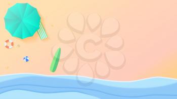 Top view on sea and beach. Seashore with sun umbrella, deck chair, ball, swimming ring, surfboard, sandals starfish. Aerial view of summer beach in paper craft style, flat lay