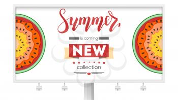 New summer collection. Billboard with half past of watermelons. New arrival of goods. Summer offer for shopping. Watermelon cut out from paper, multilayer vector illustration