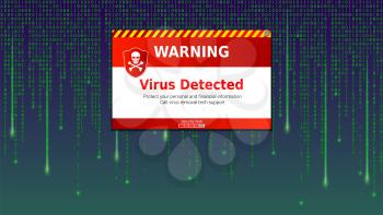 Alert message of virus detected. Scanning and identifying computer virus inside binary code listing of matrix. Template for concept of security, programming and hacking, decryption and encryption.