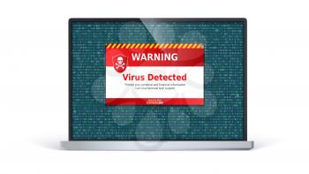 Laptop screen with alert message of virus detected. Warning message on computer screen isolated on white background. Computer virus inside binary code listing. Template for concept of security.