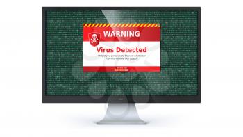 Alert message of virus detected. Warning message on computer screen isolated on white background. Computer virus inside binary code listing. Code with computer virus. Template for concept of security.