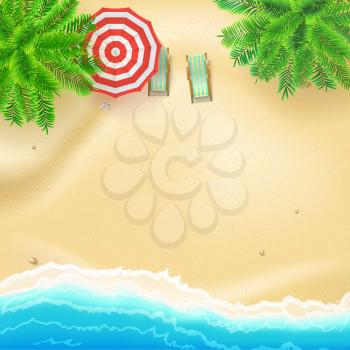 Seashore and sandy beach, flat lay. Top view of sandy beach with summer accessories. Tropical beach, palms, surf waves, sun umbrella, deck chairs. Realistic vector background of best moments of summer