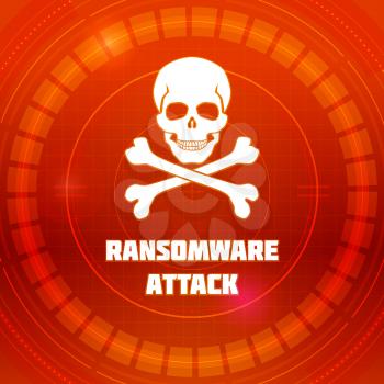 Ransomware virus, emblem of Malware attack. Skull and crossed bones on red background of HUD cyberspace. Pattern of warning of cybercrime, concept of interface cyber security. Vector 3D illustration.