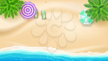 Sea shore and sandy beach, flat lay. Top view of sandy beach with summer accessories. Summer beach, palm, surf waves, sun umbrella, deck chairs. Vector background of best moments of summer