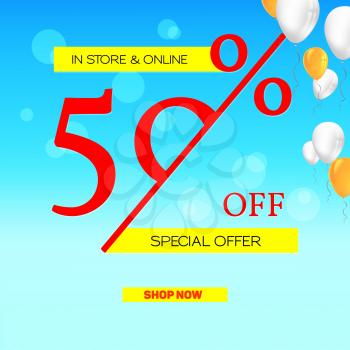 Summer sale. Get up fifty percent discount. Banner of sales on summer sky background with flying balloons. Special offer proposition in store and online for all goods.Template for business, cover