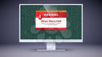 Alert message of virus detected . Scanning and identifying computer virus inside binary code listing. Code with computer virus. Warning message on computer screen. Template for concept of security.