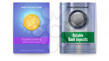 Advertisement of virtual currency Bitcoin and banking services. Safe with combination lock on metal surface with texture. Two posters of concept security of money, 3D illustration.