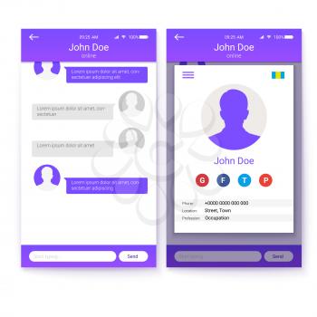 UI concept of mobile app, GUI design for responsive business website or applications. Page of profile and screen of friends list with chat. 3D illustration isolated on white