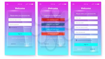 Kit of UX Screen on glass background. Register or authorization, interface for touchscreen mobile apps. Entrance via login, password and social network. Application UI design elements, 3D illustration