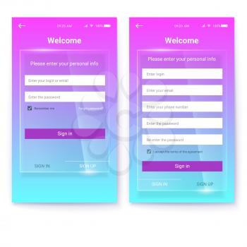 UI design, account register or authorization, interface for touchscreen mobile apps. UX Screen on glass background. Entrance via login, password. Registration with personal data