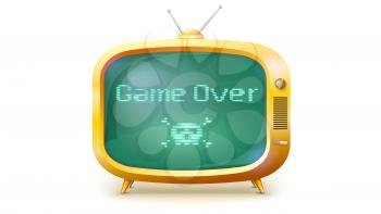 Game over, pixel text, skull and bones on screen. Yellow TV set with message. Retro style of TV or computer game , 3D illustration isolated on white background
