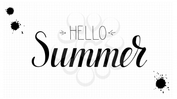 Design of calligraphic text hello summer. Handwritten lettering, brush pen script. Template for cover, invitation, advertisement of travel agency event.