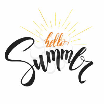 Hello Summer, handwritten text with symbol of sun rays. Hand drawn calligraphy and brush pen lettering. Template of logo for invitation of summer holidays, beach parties, travel agency events.