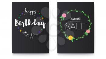 Set of Happy Birthday and Summer sale posters with lettering design. Poster with pictures of flowers with foliage and hand-drawn elements. Calligraphy for prints, posters, invitations
