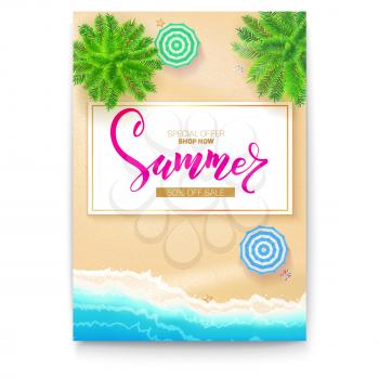Poster with summer beach seashore for touristic events, travel agency actions. Tropical landscape, ocean, gold sand, sun umbrella, palms, top view. Summer sale banner with fifty percent discount