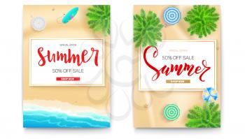 Set of summer sale posters for touristic events, travel agency actions. Get up to fifty percent discount. Summer sale banner. Tropical landscape, beach seashore ocean, sun umbrella, palms, top view.