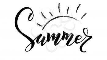 Summer, hand lettering of text. Hand drawn calligraphy and brush pen lettering. Template of logo for invitation of summer holidays, beach parties, touristic actions and travel agency events.