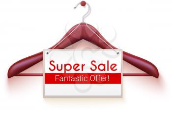 Super sale, poster with text design. Tag hanging on hanger for clothes. Offer about fantastic discounts. Advertising poster for shopping events, 3D illustration.