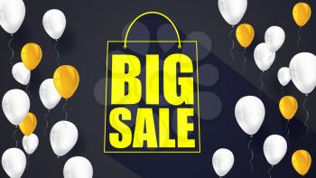 Big sale text banner. Ready to print and use in advertising of products. Selling background with flying colorful inflatable balloons. Ad poster for shops with sign of shopping bag. 3D illustration.