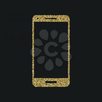 Mobile phone icon with glitter effect, isolated on black background. Outline icon, vector pictogram. Symbol of smartphone from golden particles dust.