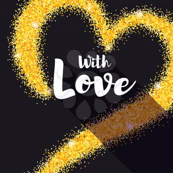 Hand-drawn golden heart with glitter. With Love poster for your loved ones. Shining dust, the shape of heart on black background. Vector template for t-shirts, prints, greeting cards or wedding cards.