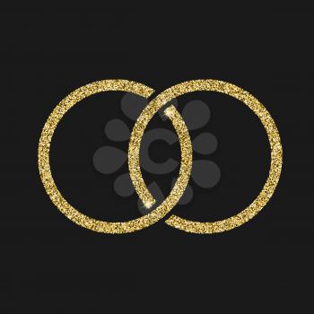 Engagement icon with glitter effect, isolated on black background. Outline icon of wedding ring, vector pictogram. Symbol from golden particles dust.