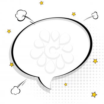Pop art chat bubble in comics book style, blank layout template with halftone dots, comic speech bubble. Clouds beams and isolated dots pattern. Thoughts bubble in pop art comics style on white.