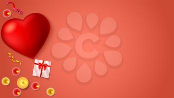 Romantic background, big red heart, burning candles, gift box with red bow and ribbon, colored serpentine, close-up on colored background. Template for greeting cards, invention or greetings 