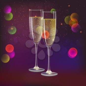 Glasses of champagne and streamer, 3D illustration. Champagne with bubbles in a wineglass with place for your text, yellow and red hearts like Inflatable balloons on dark background