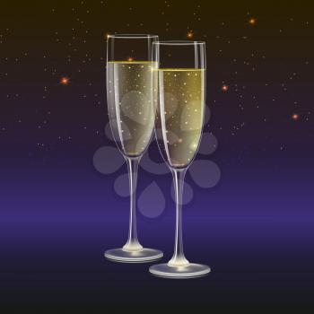 Glasses of champagne and streamer, 3D illustration. Champagne with bubbles in a wineglass with place for your text, yellow and red hearts like Inflatable balloons on dark background