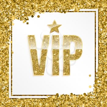 VIP premium card. Golden design template with glittering shinet. Decorative background with gold glitter shine text badge. Sign of exclusivity with bright golden glow. Template for vip banners or card